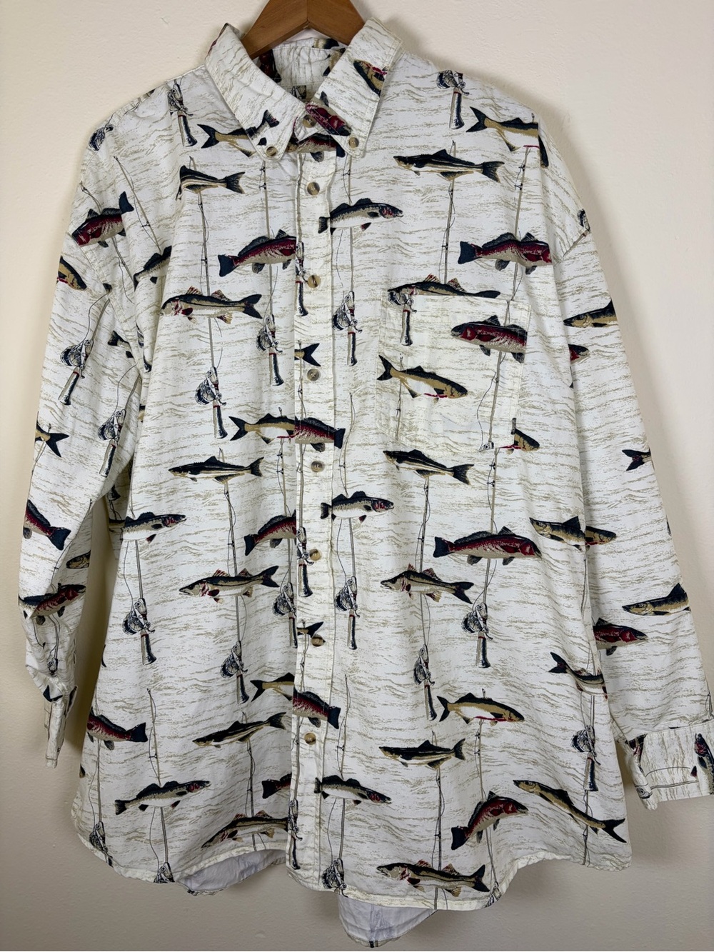 Michael Austin Rugged Wear 3X Fishing Fish Print Button Down Cotton Shirt